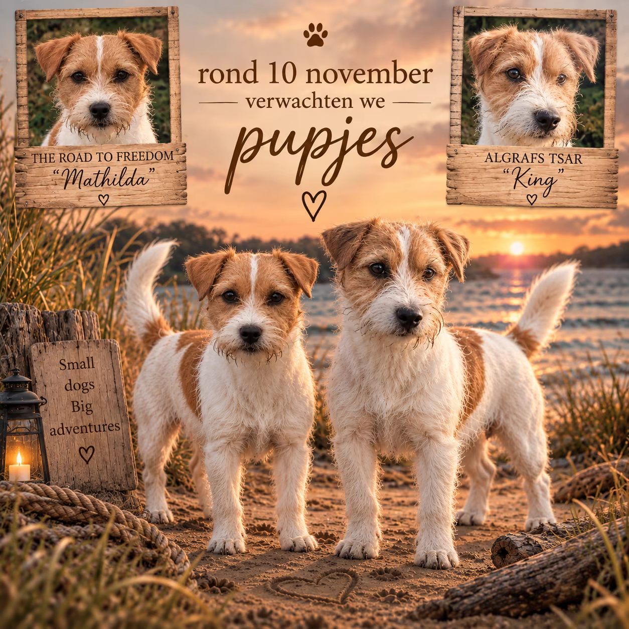 Aankondiging met twee Jack Russells en de tekst: rond 10 november verwachten we pupjes van Mathilda en King.