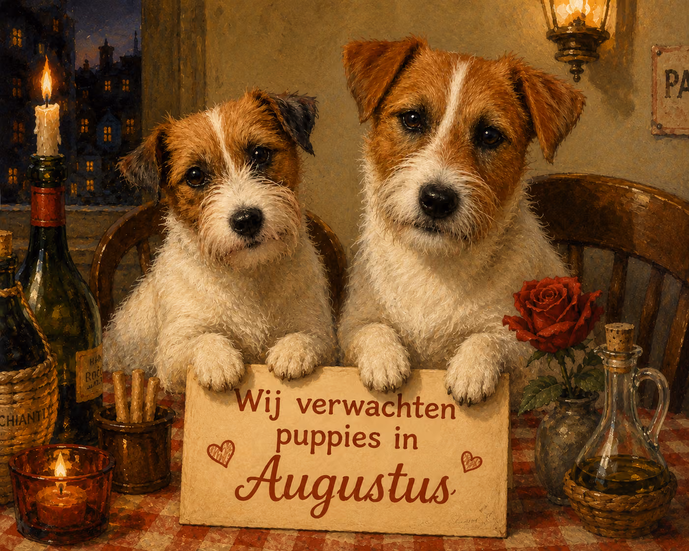 Aankondiging met twee Jack Russells en de tekst Wij verwachten puppies in augustus.